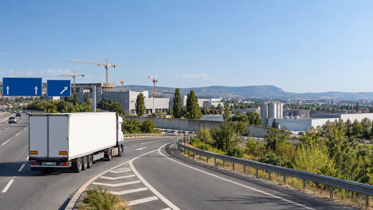 Tráiler tomando el desvío hacia una zona industrial francesa